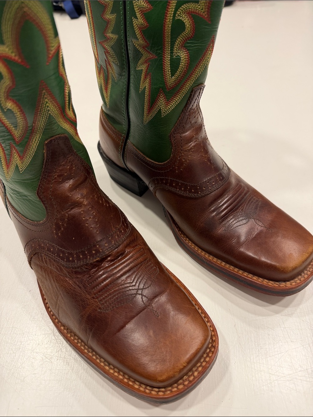 Rocky Brown Leather Cowboy Boots with Green Embroidered Shafts